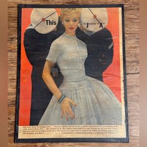 Vintage magazine page on canvas panel collage art Lord and Taylor pinup